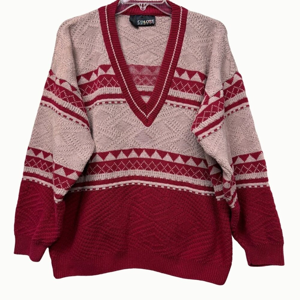 Vintage Colore Italia Pink Red Geometric Knit V-Neck Sweater Oversized XL